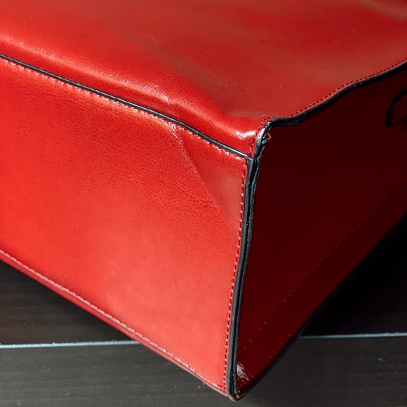 Red Tote Bag PU Leather with Shoulder Strap - Picture 5 of 9